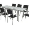 VILLANA Esstischgarnitur, Silber/schwarz, Alu/Textil, Tisch 160/220 Cm, 8 Stapelstühle