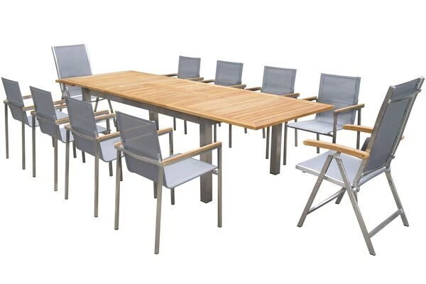 OUTFLEXX Set, Silber, 200/300 X 100 Cm, Edelstahl/Teak, Ausziehtisch, 8 Stapelstühle, 2 Multipositionssessel 3 OUTFLEXX Set, Silber, 200/300 X 100 Cm, Edelstahl/Teak, Ausziehtisch, 8 Stapelstühle, 2 Multipositionssessel