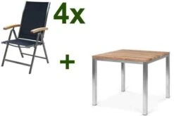 OUTFLEXX Esstischgarnitur, Edelstahl / Recyceltes FSC-Teak, Tisch 90 X 90 Cm, 4 Multipositionssessel, Schwarz