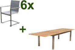 OUTFLEXX Esstischgruppe, Edelstahl/FSC-Teak, 220/340 X 100 Cm, 6 Freischwinger, Taupe, Tischplattedicke 3cm