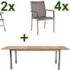 STERN Cardiff Set, Silber/silbergrau, Edelstahl/FSC-Teak, Tisch 180/240 X 100 Cm, 4 Stapel-, 2 Multipositionssessel