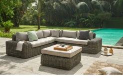OUTFLEXX Ecklounge, Two Tone Grey, Polyrattan, 6 Personen, Inkl. Tisch/Hocker 90 X 90 Cm Und Polster In Grau