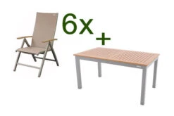 DOPPLER Expert Esstischgarnitur, Silber/Holzoptik/beige, Alu/Textilene, 6x Multipositionssessel, 150-210x90 Cm