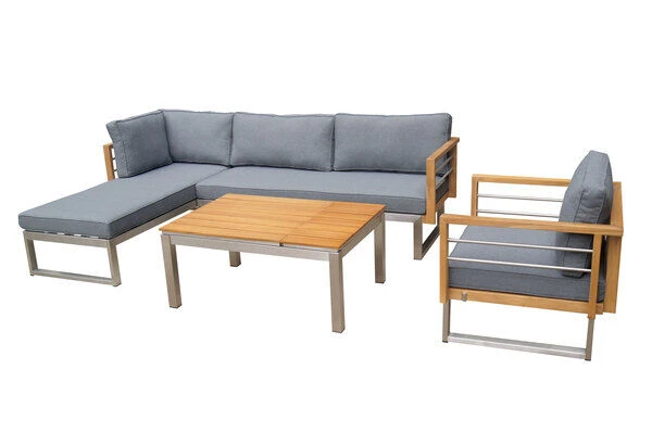 OUTFLEXX Ecklounge, Natur/grau, Edelstahl/Teak, 5 Personen, Inklusive Sessel Und Multifunktionstisch 100 X 70 Cm, Lehne Links 3 OUTFLEXX Ecklounge, Natur/grau, Edelstahl/Teak, 5 Personen, Inklusive Sessel Und Multifunktionstisch 100 X 70 Cm, Lehne Links