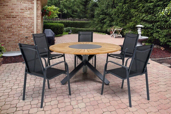 OUTFLEXX Esstischgarnitur, OUTFLEXX® Anthrazit Matt, Alu / Teak / Textil, Esstisch Ø 150 Cm, 5 Sessel, Stapelbar 3 OUTFLEXX Esstischgarnitur, OUTFLEXX® Anthrazit Matt, Alu / Teak / Textil, Esstisch Ø 150 Cm, 5 Sessel, Stapelbar