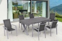 OUTFLEXX Esstischgarnitur, Silber, Alu / HPL / Textil, Tisch 180/280x100cm, 6 Stapelsessel