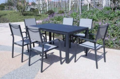 VILLANA Esstischgarnitur, Anthrazit/grau, Alu/Holzimitat/Textil, Tisch 150x90cm, 6 Stapelsessel