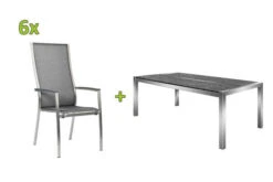 STERN Esstischgarnitur, Silbergrau/grau, Edelstahl/Textilene, Tisch 200 X 100 Cm, 2 Teilige Tischplatte, 6 Stapelsessel, Hohe Rückenlehne