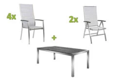 STERN Esstischgarnitur, Silber/grau, Edelstahl/Textilene, Tisch 200 X 100 Cm, 2 Teilige Tischplatte, 4 Stapelsessel, Hohe Rückenlehne, 2 Multipo, Padded